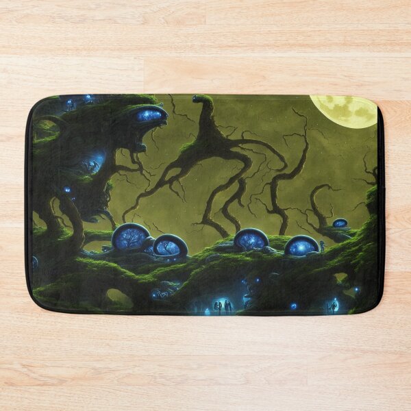 Item preview, Alien planet landscape with glowing grottos, monster trees and starry portals in half-spheres I designed and sold by BrachiaST.