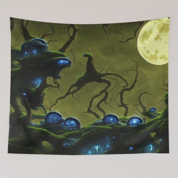 Item preview, Alien planet landscape with glowing grottos, monster trees and starry portals in half-spheres I designed and sold by BrachiaST.
