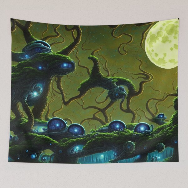 Item preview, Alien planet landscape with glowing grottos, monster trees and starry portals in half-spheres III designed and sold by BrachiaST.