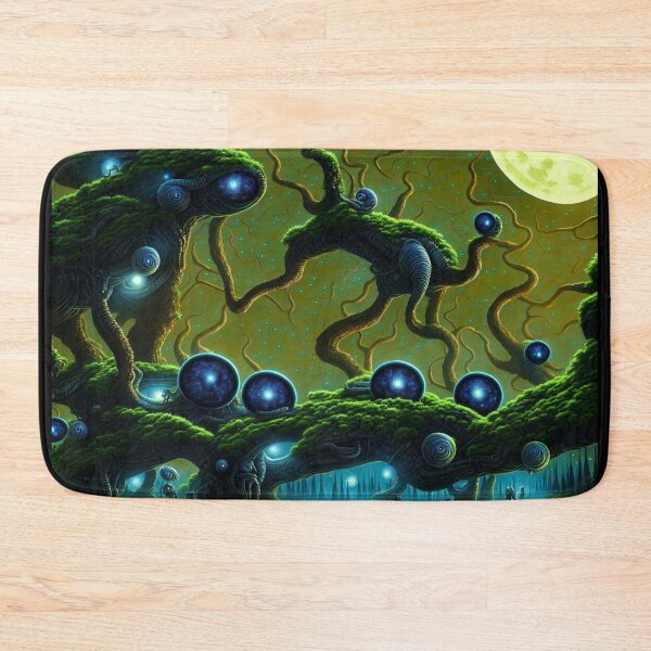 Item preview, Alien planet landscape with glowing grottos, monster trees and starry portals in half-spheres IV designed and sold by BrachiaST.