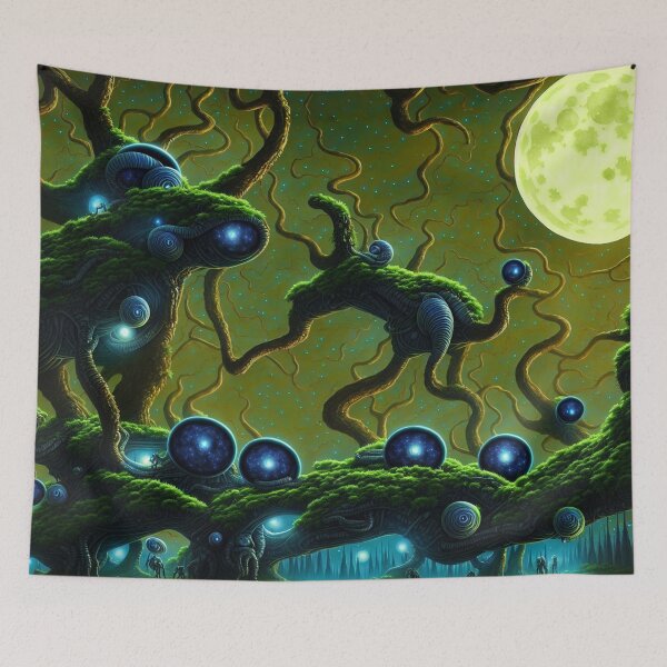 Item preview, Alien planet landscape with glowing grottos, monster trees and starry portals in half-spheres IV designed and sold by BrachiaST.
