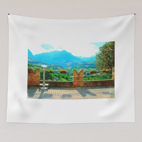 Item preview, View from Montefortino at town belvedere with merlons, barriers, vases, binocular, hills, Sibillini designed and sold by Kristina Drozd.