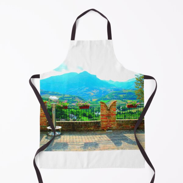 Item preview, View from Montefortino at town belvedere with merlons, barriers, vases, binocular, hills, Sibillini designed and sold by Kristina Drozd.