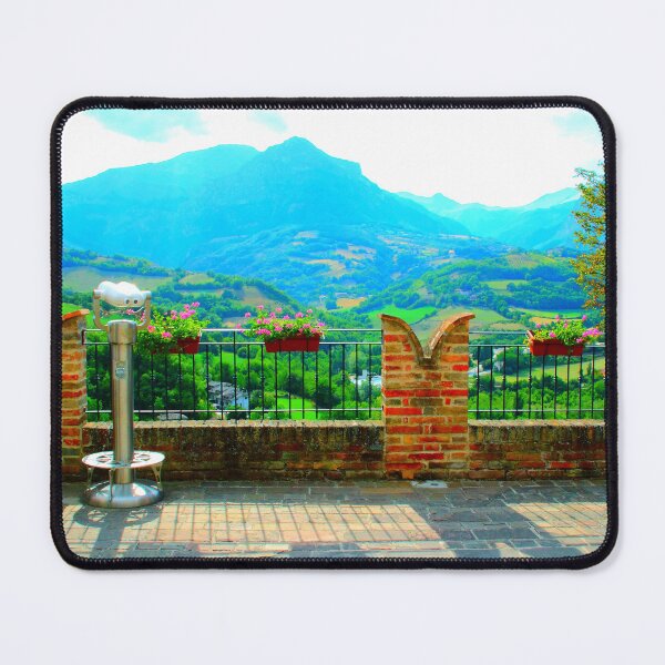 Item preview, View from Montefortino at town belvedere with merlons, barriers, vases, binocular, hills, Sibillini designed and sold by Kristina Drozd.