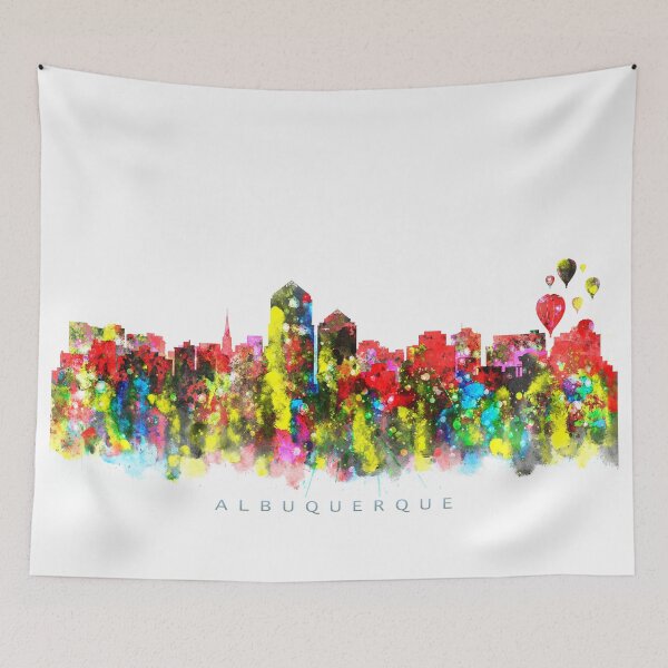 Aperçu de l'œuvre Albuquerque, New Mexico Skyline Watercolor Painting créée et vendue par InkistPrints.