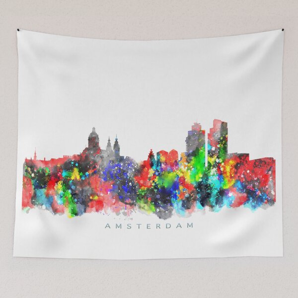 Aperçu de l'œuvre Amsterdam, Netherlands Skyline Map Watercolor Painting créée et vendue par InkistPrints.