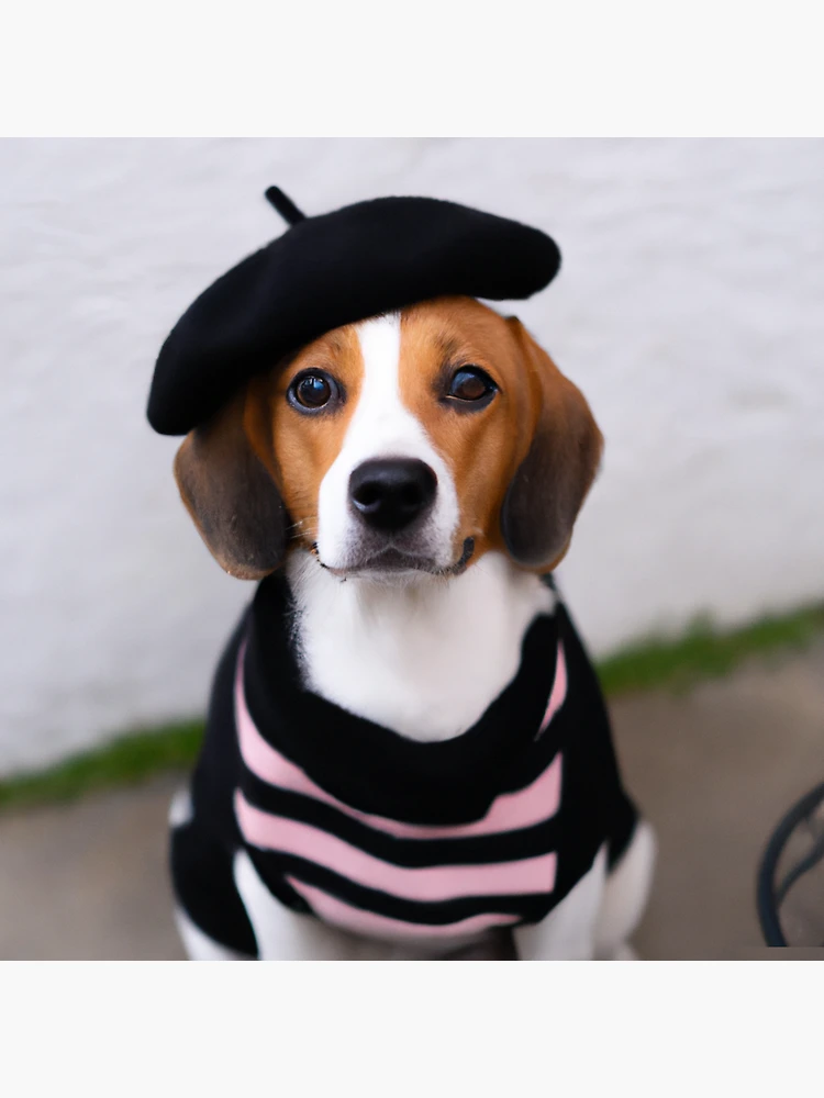 Beagle dog wearing a beret hat and turtleneck Sticker for Sale by OverdriveMusic Redbubble