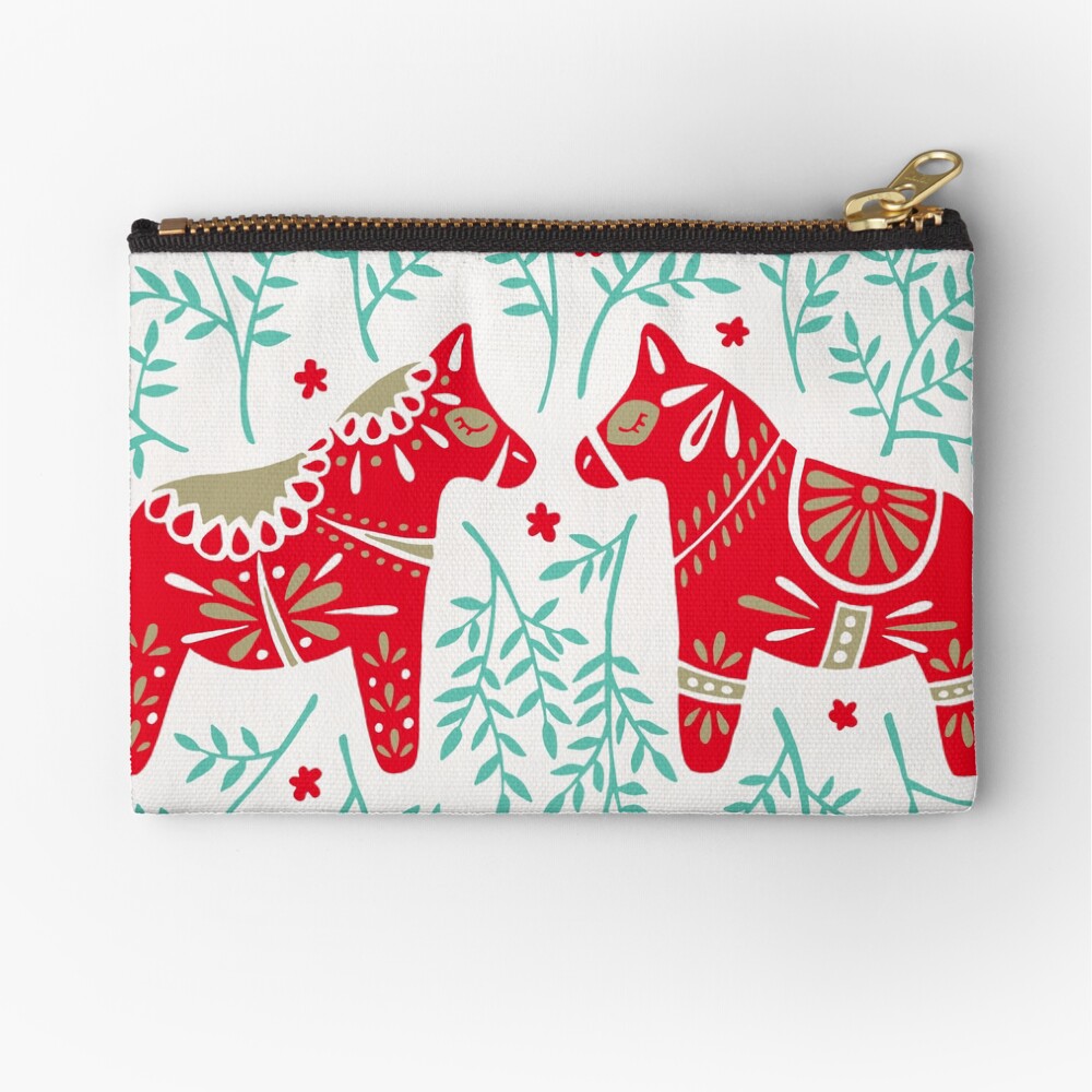 Swedish Dala Horses – Red & Mint Palette Zipper Pouch