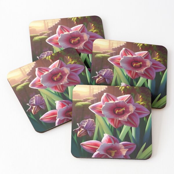 Item preview, Pink Daffodil Flowers Close up Illustration with Sunset Background designed and sold by deniselynnimage.