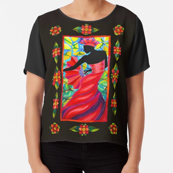 Red Dress Fan Dancer with Mestizo Border Belize Chiffon Top