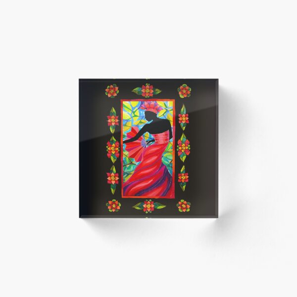 Red Dress Fan Dancer with Mestizo Border Belize Acrylic Block