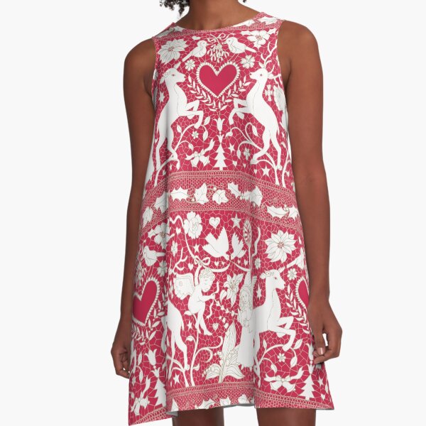 Antique lace - claret and cream - Traditional Christmas pattern by Cecca Designs A-Line Dress
