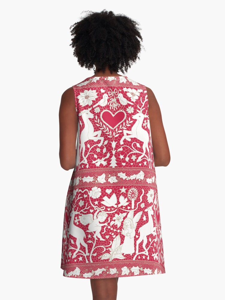 Thumbnail 3 of 4, A-Line Dress, Antique lace - claret and cream - Traditional Christmas pattern by Cecca Designs designed and sold by Cecca-Designs.