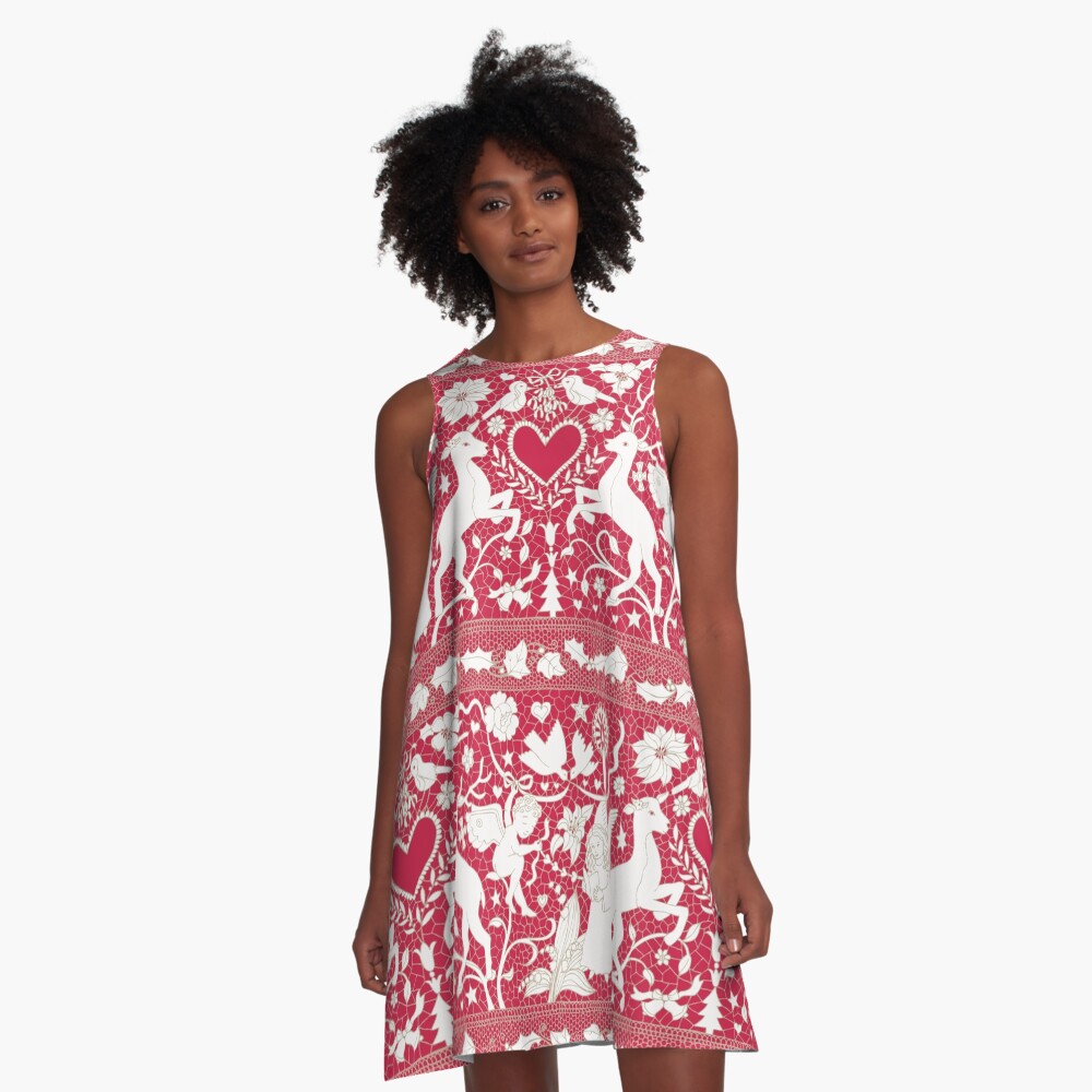 Antique lace - claret and cream - Traditional Christmas pattern by Cecca Designs A-Line Dress