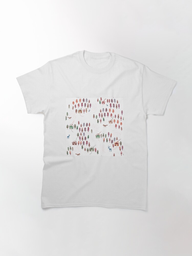 Thumbnail 3 of 7, Classic T-Shirt, Alpine Chalets in the Snow - Autumn - Watercolour pattern by Cecca Designs designed and sold by Cecca-Designs.