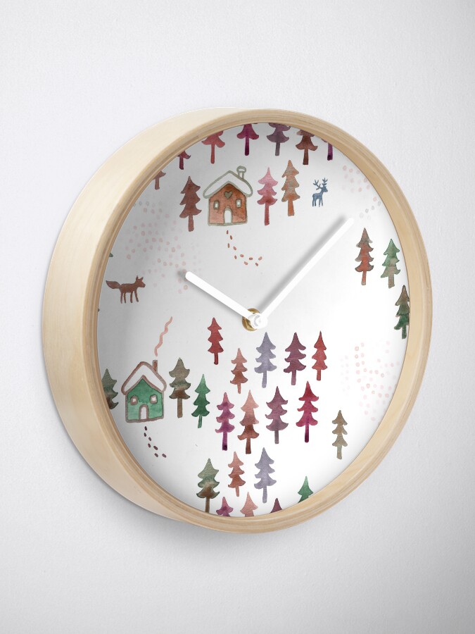 Alternate view of Alpine Chalets in the Snow - Autumn - Original Watercolour pattern by Cecca Designs Clock
