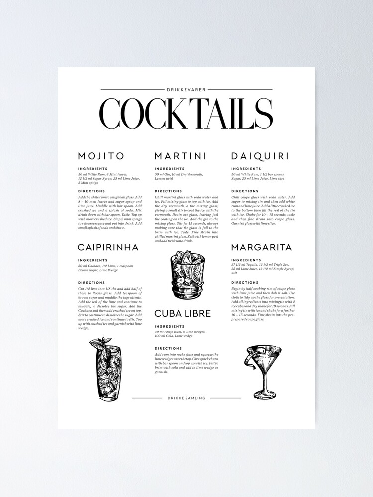 Cocktail Rezepte Poster Von Mooseandmarble Redbubble