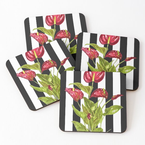 Item preview, anthuriums on Black and white stripes  designed and sold by Faerieglen.
