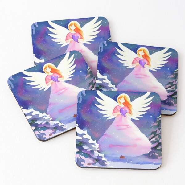 Item preview, Beautiful Neon Pink Watercolor Christmas Futuristic Angel with Purple Heart Bringing Love and Peace on a Winter Aurora Night designed and sold by CommittedGrace.
