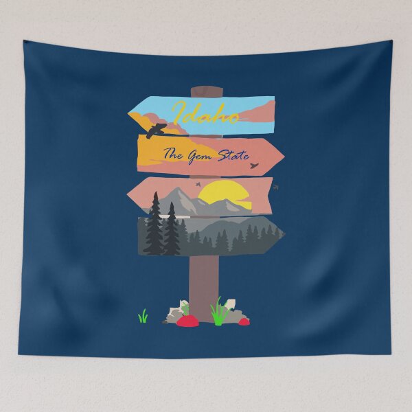 Item preview, Colourful Idaho signpost. The Gem State. Blue background. designed and sold by janesg.