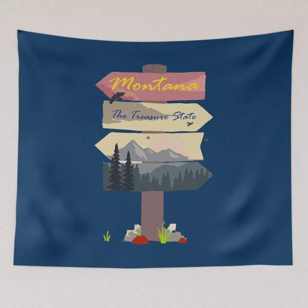 Item preview, Colourful Montana signpost. The Treasure State. Blue background. designed and sold by janesg.
