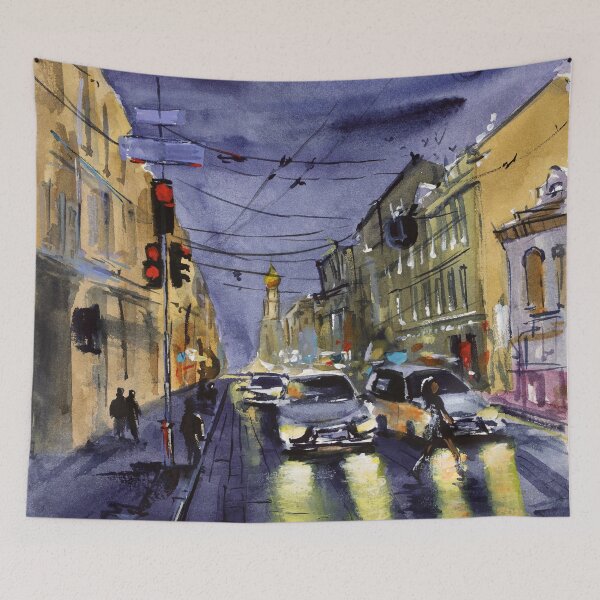 Item preview, Evening Сityscape Watercolor Print designed and sold by NatalyMak.