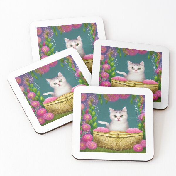 Item preview, Beautiful Fantasy Whimsical Cat Pastel Illustration with flowers in background designed and sold by ManifestoDesign.