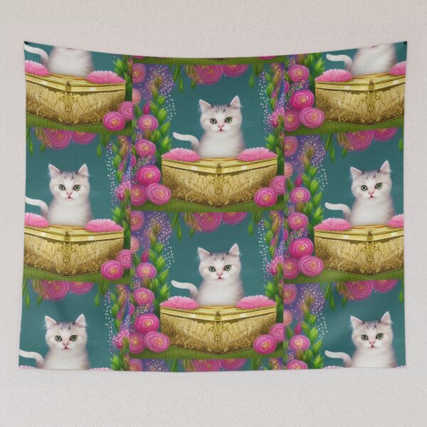 Item preview, Beautiful Fantasy Whimsical Cat Pastel Illustration with flowers in background designed and sold by ManifestoDesign.