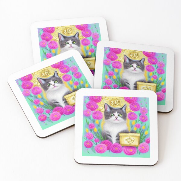 Item preview, Beautiful Fantasy Whimsical Cat Pastel Illustration with flowers in background designed and sold by ManifestoDesign.