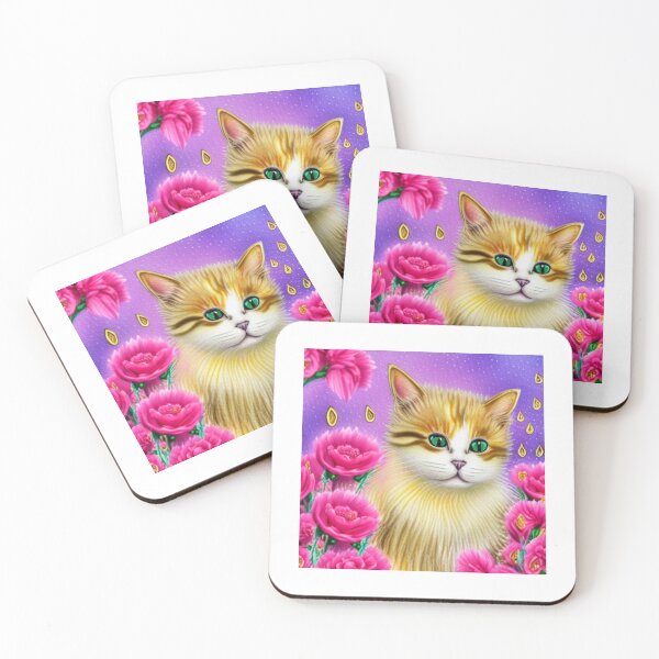 Item preview, Beautiful Fantasy Whimsical Cat Pastel Illustration with flowers in background designed and sold by ManifestoDesign.