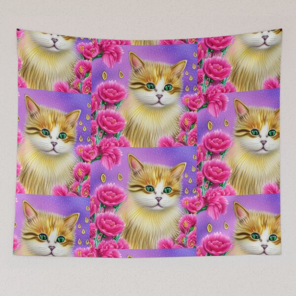 Item preview, Beautiful Fantasy Whimsical Cat Pastel Illustration with flowers in background designed and sold by ManifestoDesign.