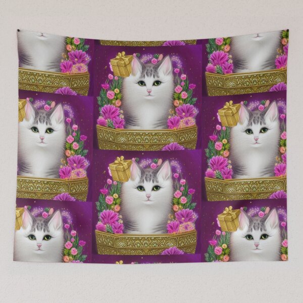 Item preview, Beautiful Fantasy Whimsical Cat Pastel Illustration with flowers in background designed and sold by ManifestoDesign.