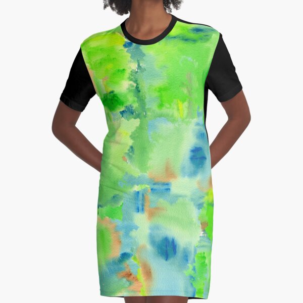 In the Forest in Spring Abstract Watercolor Collage Graphic T-Shirt Dress