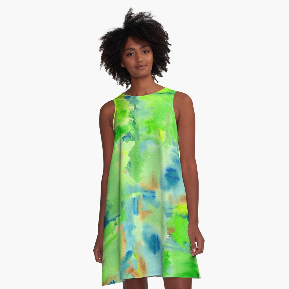 In the Forest in Spring Abstract Watercolor Collage A-Line Dress