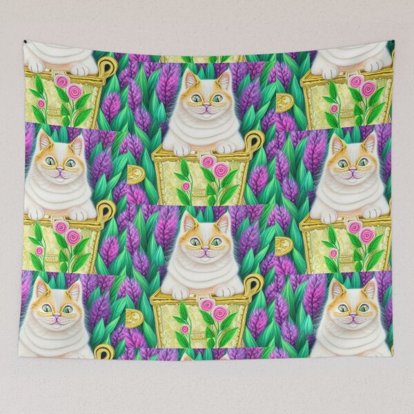 Item preview, Beautiful Fantasy Whimsical Cat Pastel Illustration with flowers in background designed and sold by ManifestoDesign.