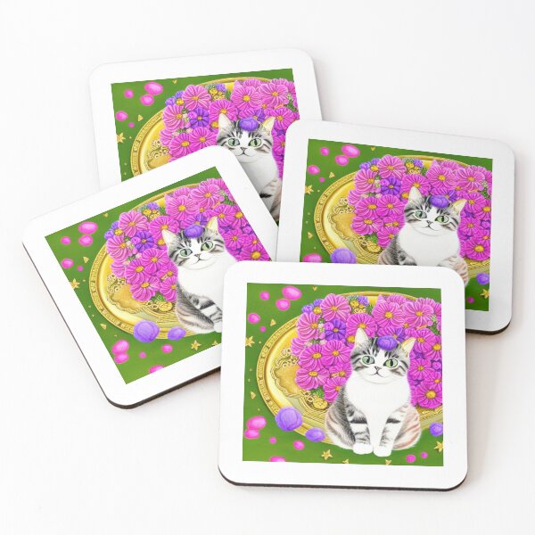Item preview, Beautiful Fantasy Whimsical Cat Pastel Illustration with flowers in background designed and sold by ManifestoDesign.
