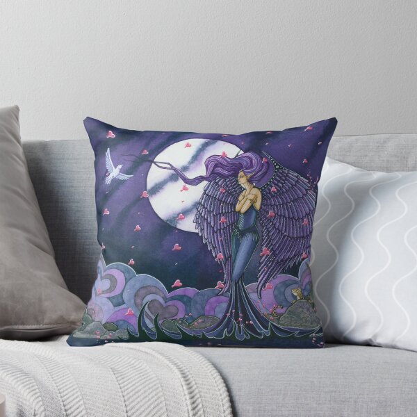 Royal Purple Wing Angel and Cats Throw Pillow