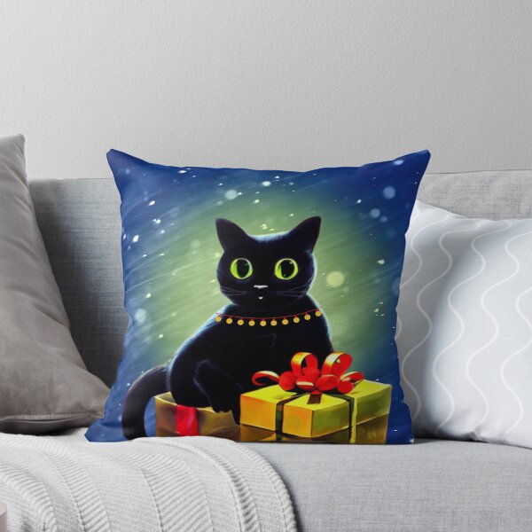 Item preview, Black Christmas Cat With Green Eyes Sitting on Holiday Boxes During Xmas Evening Snowfall designed and sold by CommittedGrace.
