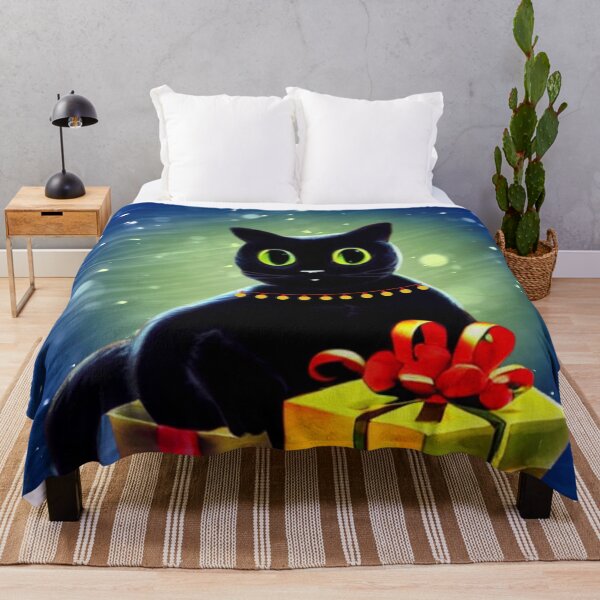 Item preview, Black Christmas Cat With Green Eyes Sitting on Holiday Boxes During Xmas Evening Snowfall designed and sold by CommittedGrace.