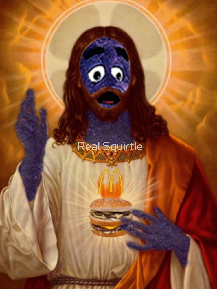 Grimace from McDonalds dressed as Jesus.