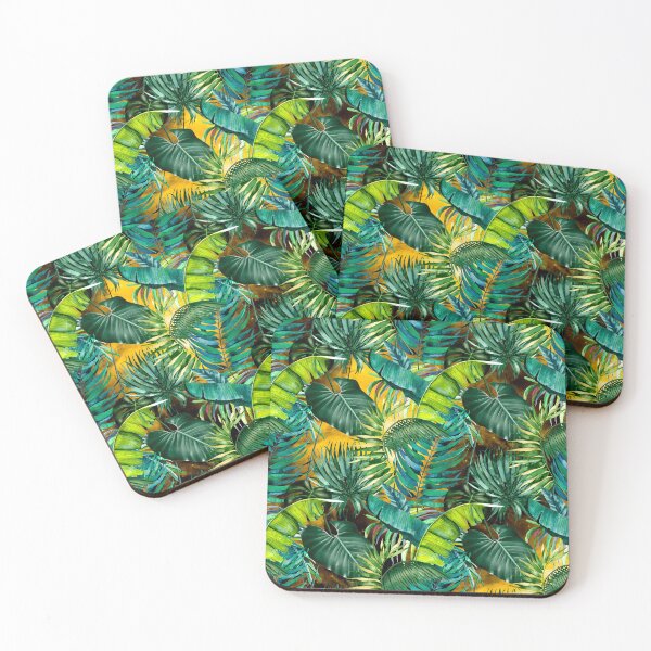 Item preview, Exotic tropical green foliage night forest, leaves and flowers tropical pattern, botanical illustration, green yellow plants illustration  designed and sold by ZeinabTaha.