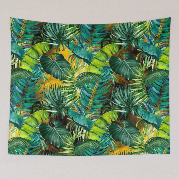 Item preview, Exotic tropical green foliage night forest, leaves and flowers tropical pattern, botanical illustration, green yellow plants illustration  designed and sold by ZeinabTaha.