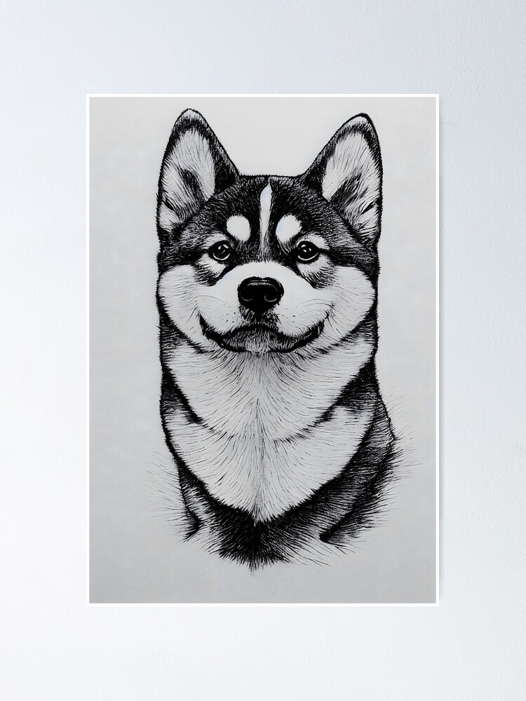 Shiba inu black and white dog line drawing portrait