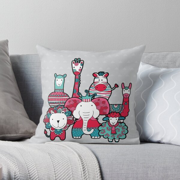 Doodle Animal Friends Pink and Grey Throw Pillow
