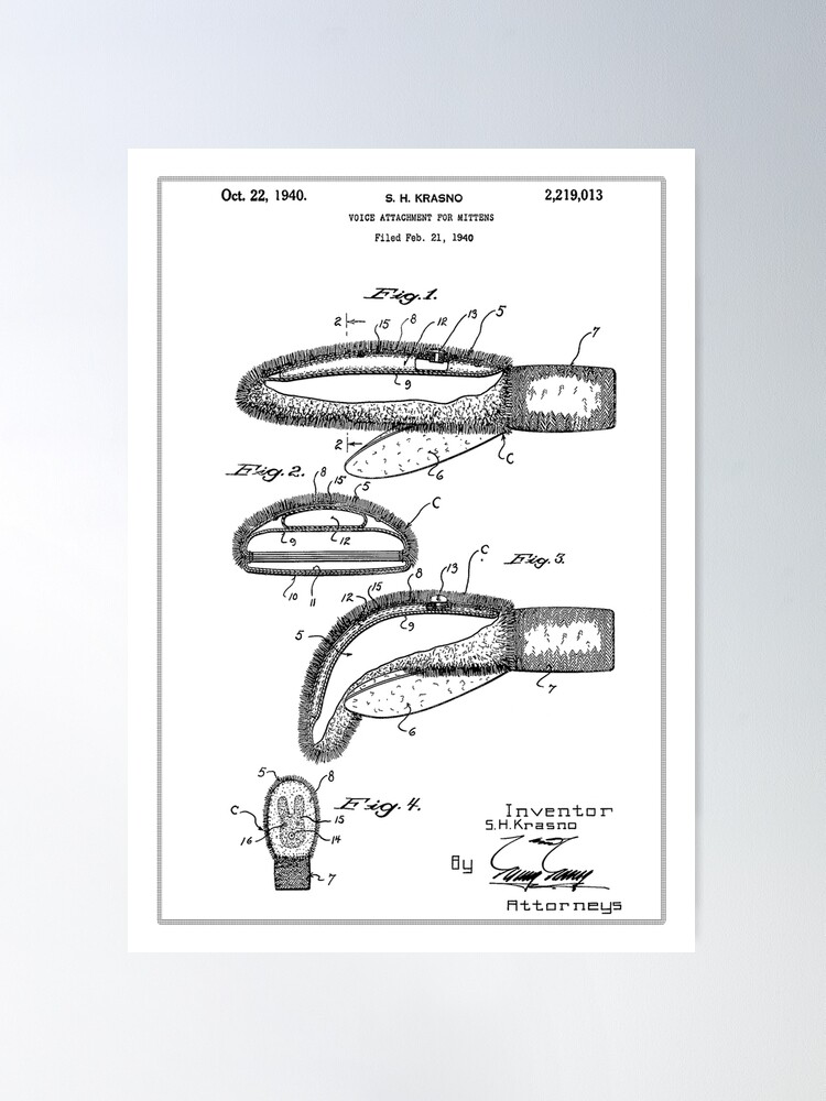 Alternate view of Samuel Krasno Mitten Patent. 1940. Poster