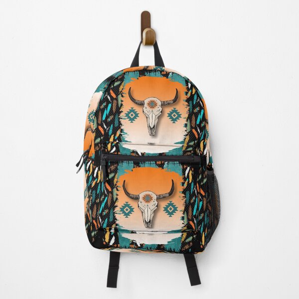 Item preview, Cow Scull With Tribal Symbol Pattern In Turquoise And Oranges designed and sold by handsoftime2020.