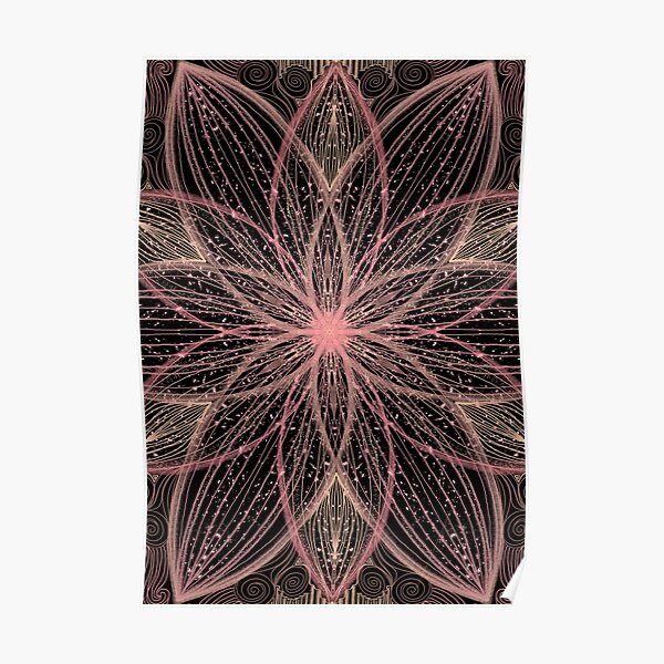 Rose Gold Pink Line Art Floral Sparkle Mandala on Black Poster