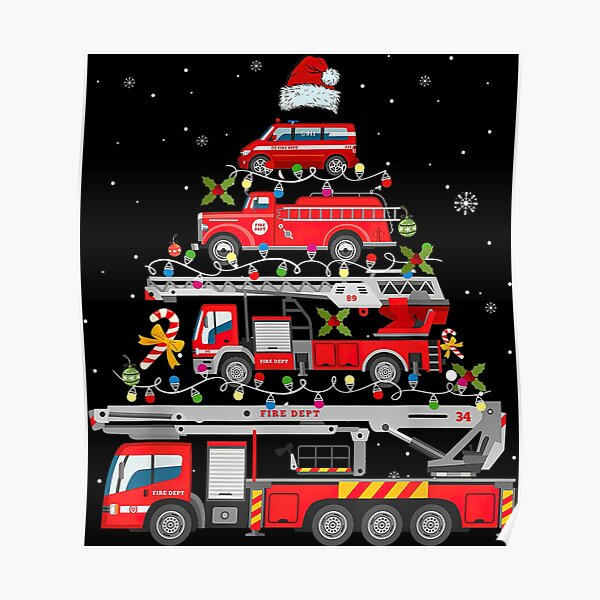 “Firefighter Fire Truck Christmas Tree Lights Santa Fireman” Poster for