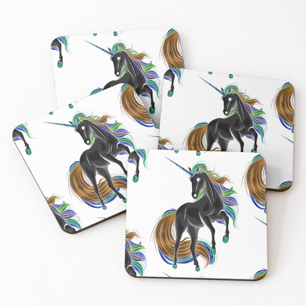 Item preview, BLACK PRANCING COLORFUL MANED UNICORN designed and sold by sailorsam1805.