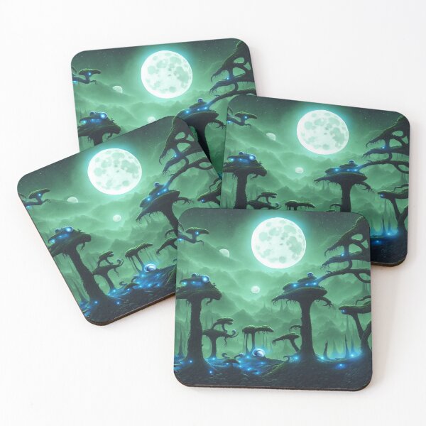 Item preview, Moonlit alien planet landscape with strange trees and spooky lights designed and sold by BrachiaST.
